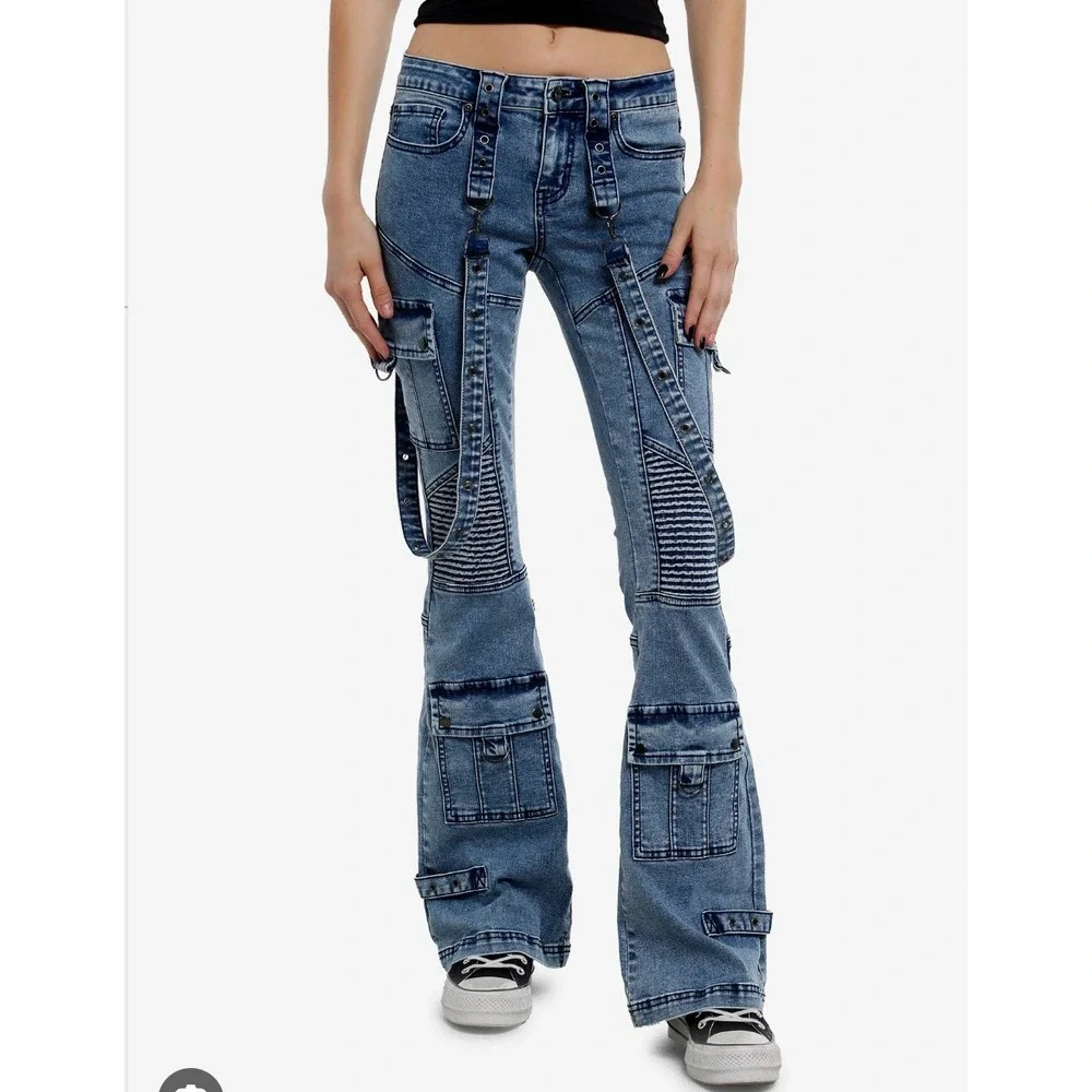 Social Collision Jeans Women Sz 20 Acid Wash Moto Suspender Flare Low‎ Rise 38